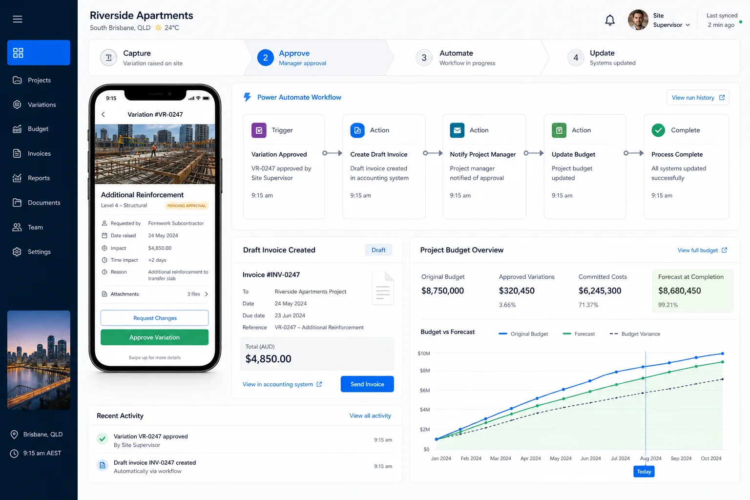 Construction site supervisor mobile capture flowing through Power Automate to Xero draft invoices and live project budget dashboard