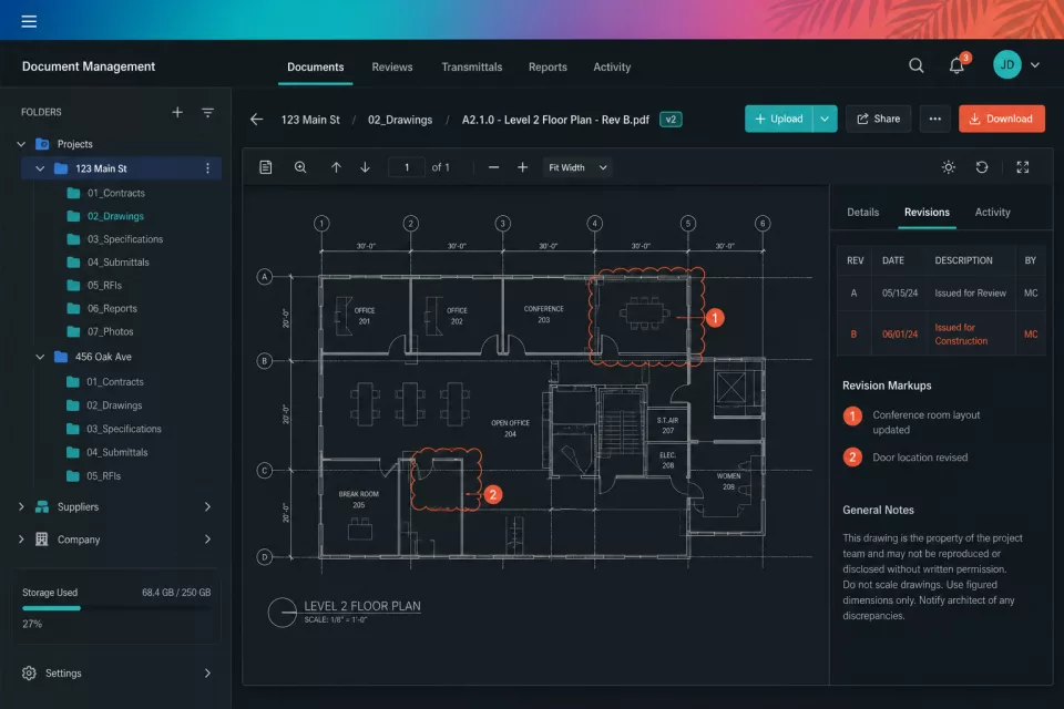 OceanDMS project folder dashboard showing construction document hierarchy and plan preview