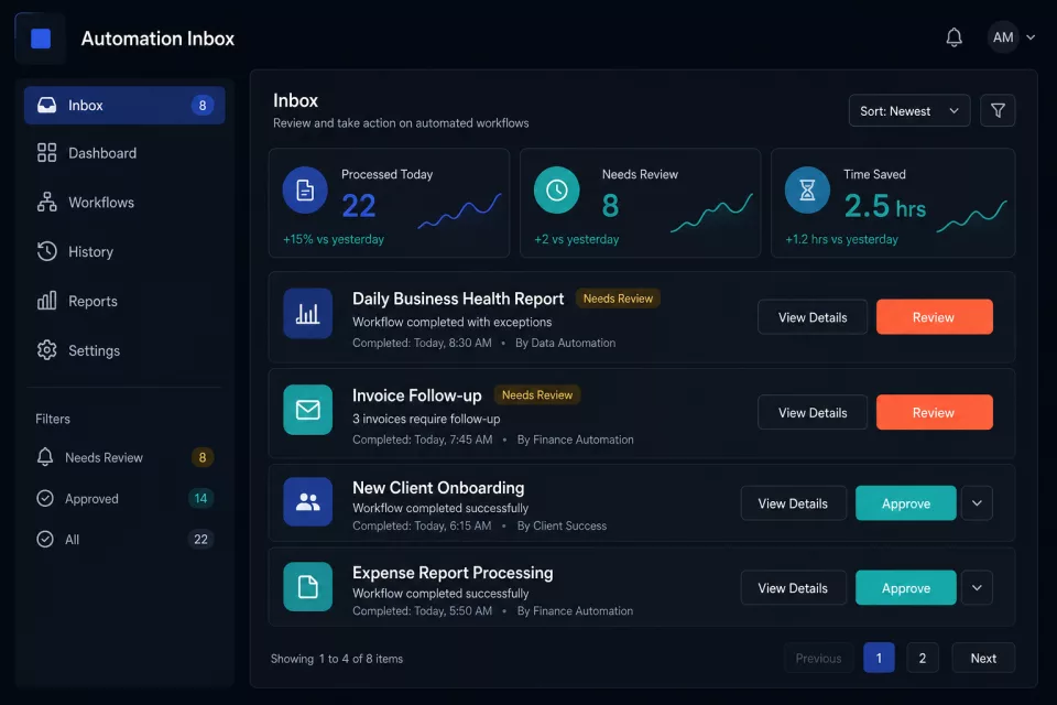 OceanFlow automation inbox showing workflow approvals and time-saved metrics