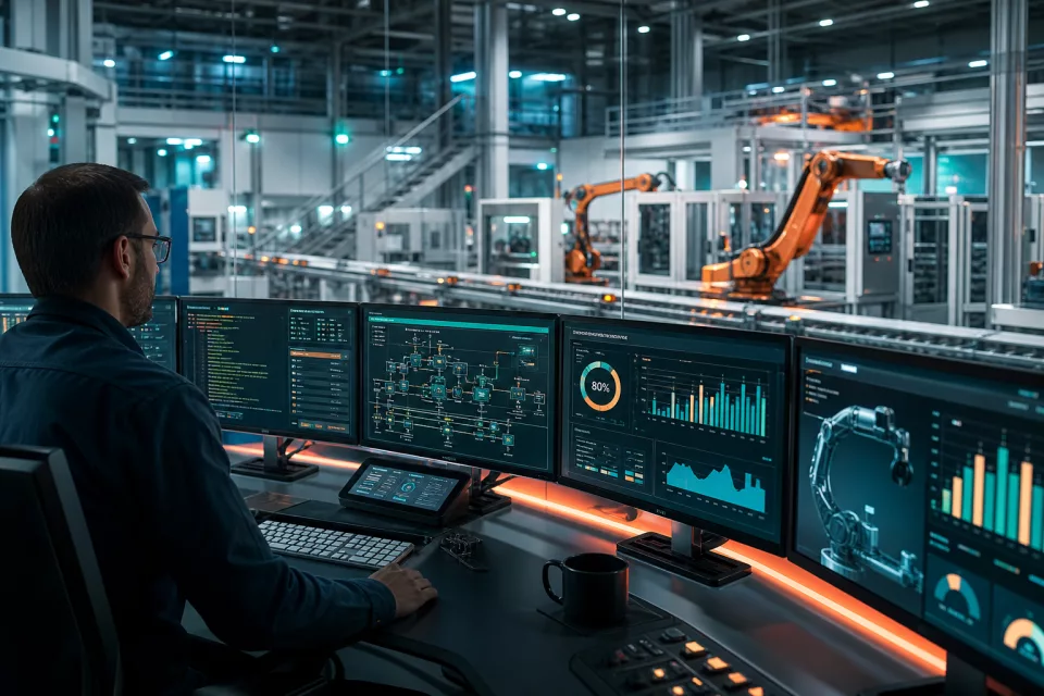 Industrial automation control room with SCADA dashboards and production line monitoring
