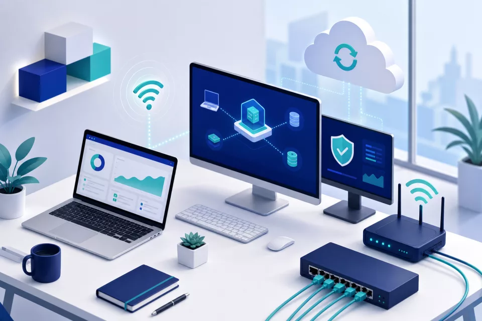Managed IT workspace with computers, network equipment and cloud connectivity
